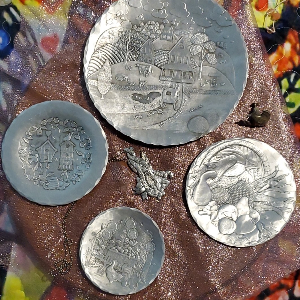 4 Vintage Handhammered pewter plates